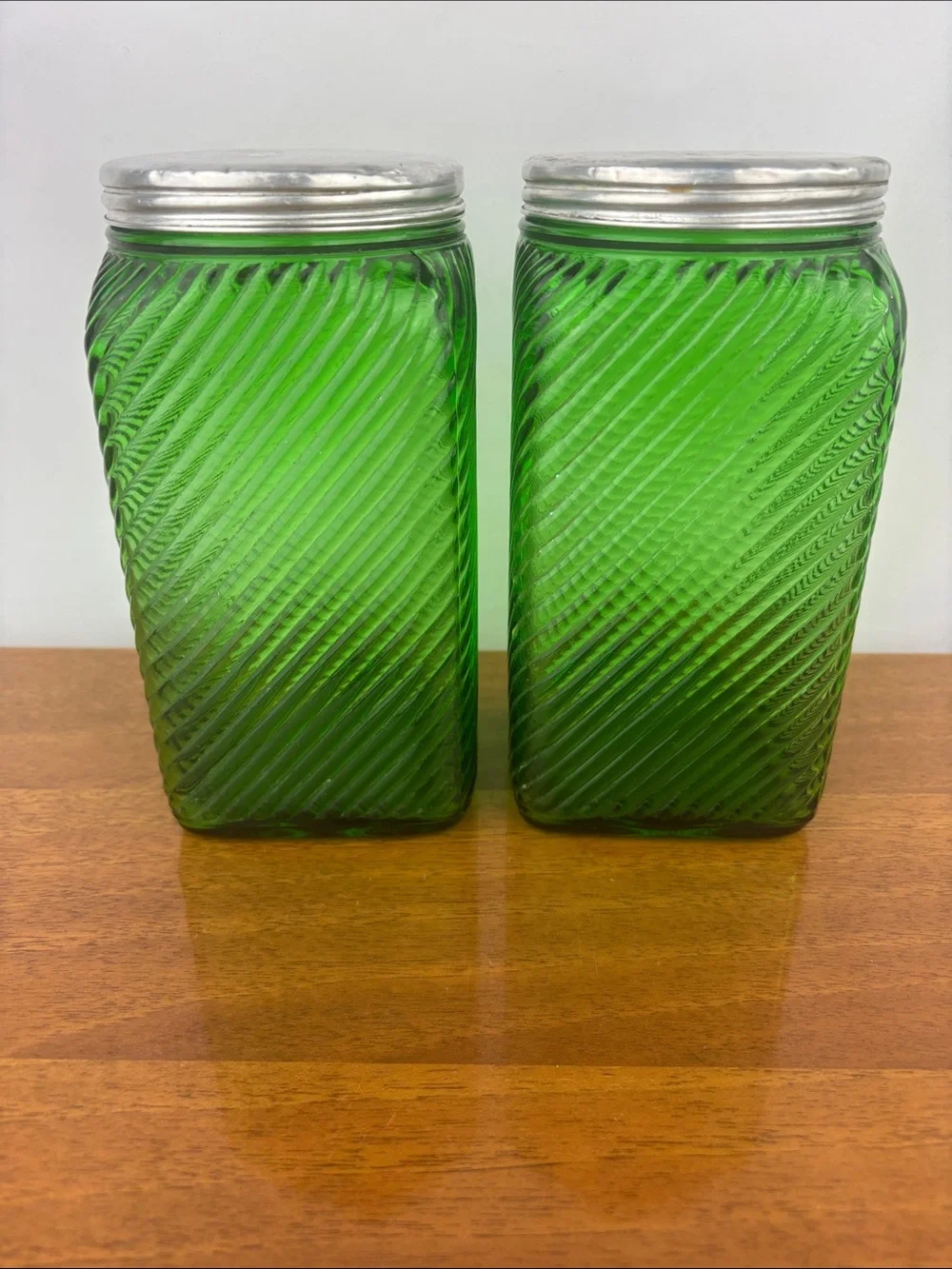 Vintage 1930s emerald green depression glass Hoosier canisters pair